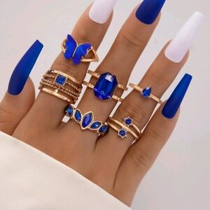 Nwot 6pcs Elegant Blue Gemstone Decor Ring Set